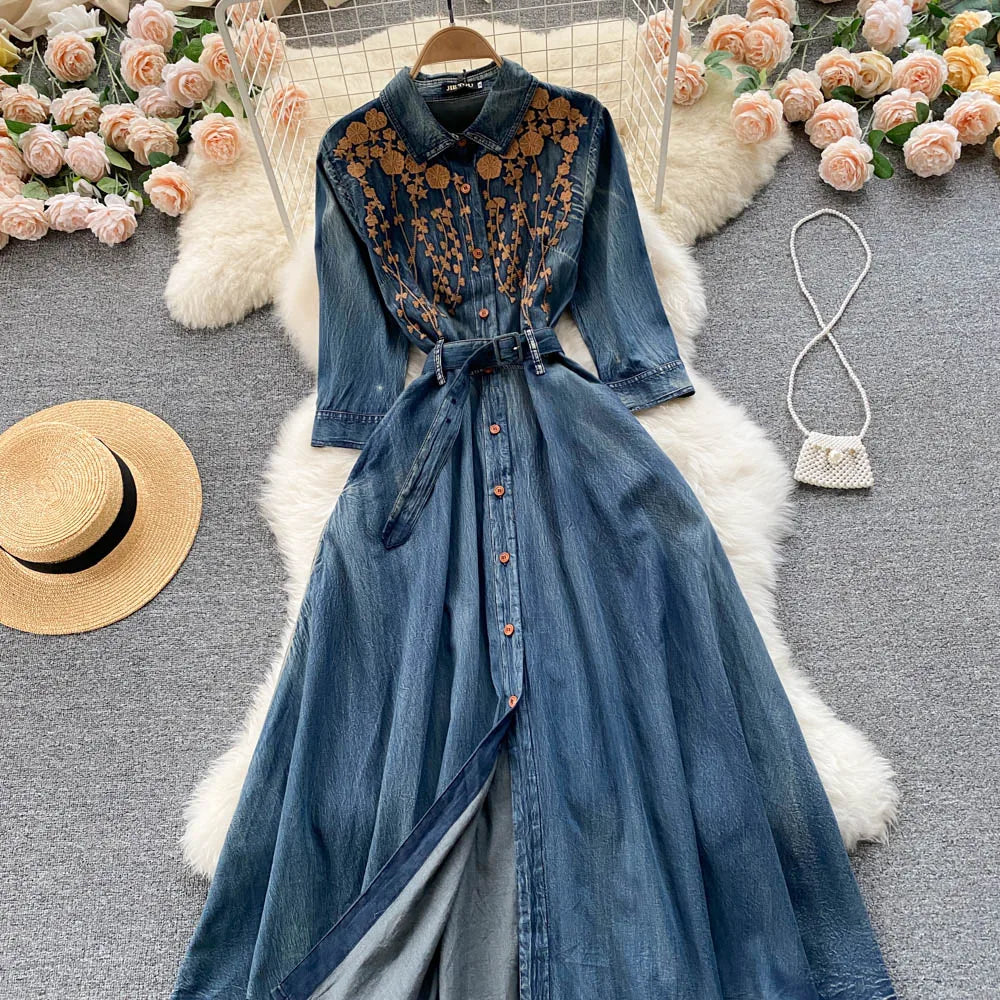 Long Sleeve O-Neck Solid A-Line Dress Autumn Embroidery Denim High Waist Maxi Dress Ladies Casual Dress Clothes Women Wholesale