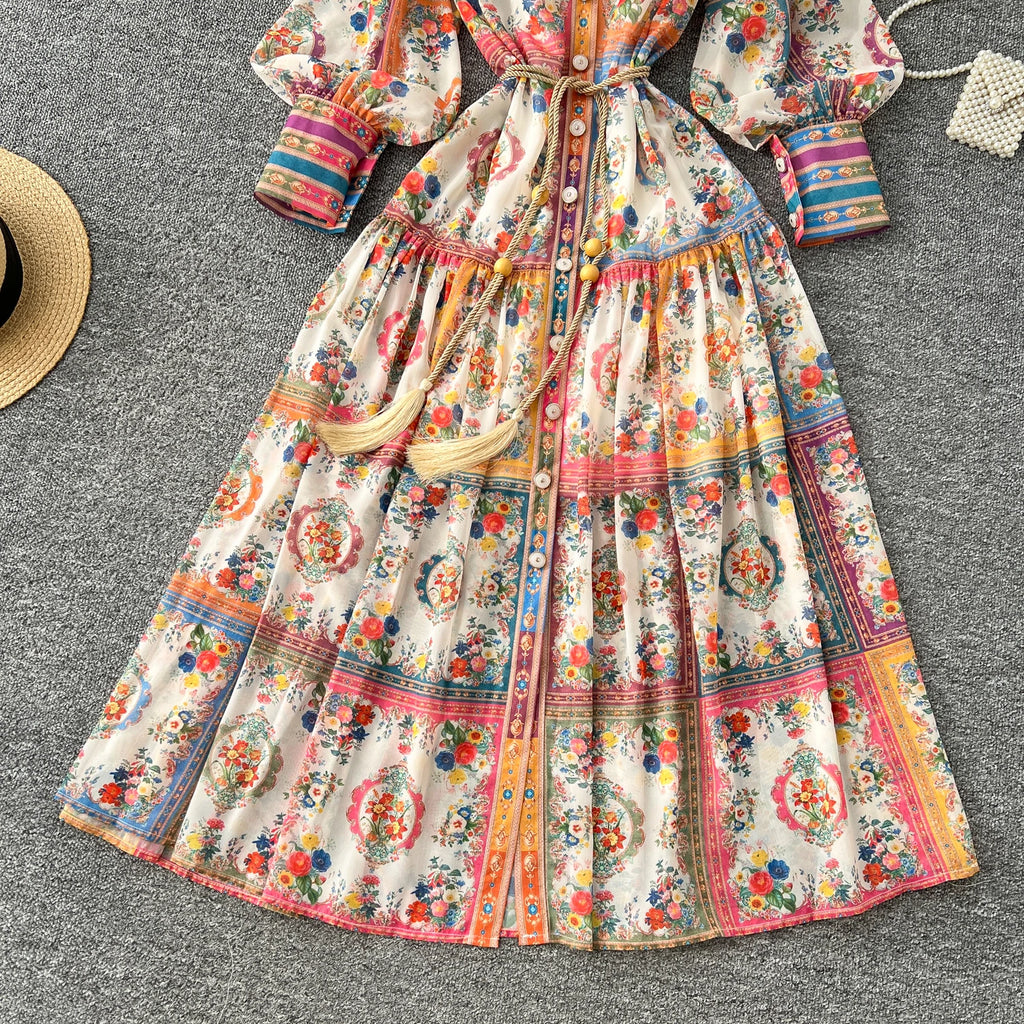 2025 Spring American Style Stand Collar Tunic Pleated Midi Dress For Women Lantern Sleeve Empire Printed Lace Dress