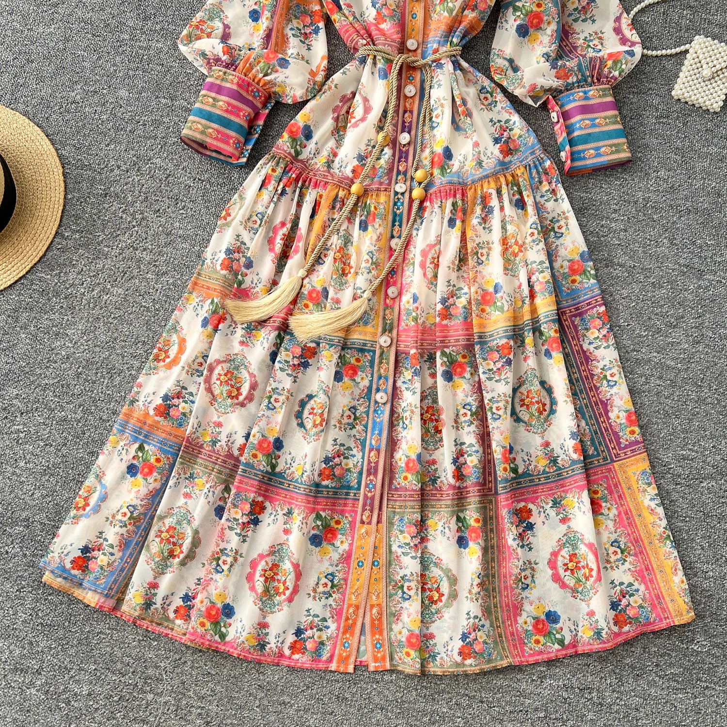 2025 Spring American Style Stand Collar Tunic Pleated Midi Dress For Women Lantern Sleeve Empire Printed Lace Dress