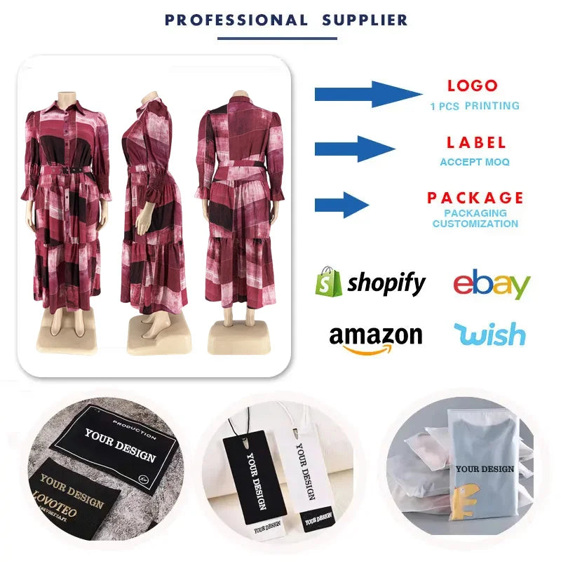 Y218285 High Quality Plus Size Long Dresses Women Casual Long Sleeve Turn-down Colar Printed Maxi Dress Ladies Dress