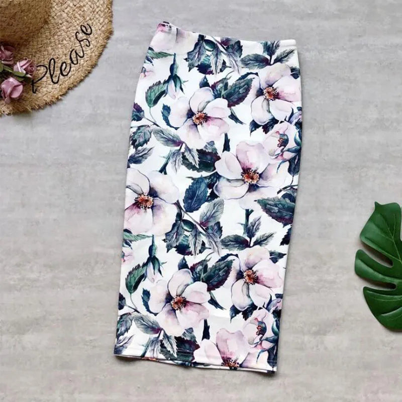Fashion Midi Skirt For Women Flora Printed High Waist Pencil Skirt Female Causal Flower Bodycon Skirt With Slit