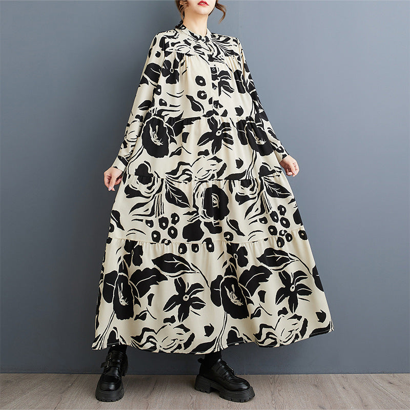 2025 Spring and Autumn New Loose plus size Women's Crewneck Long Sleeve Loose Large Swing Artistic Retro Foreign Trade dress