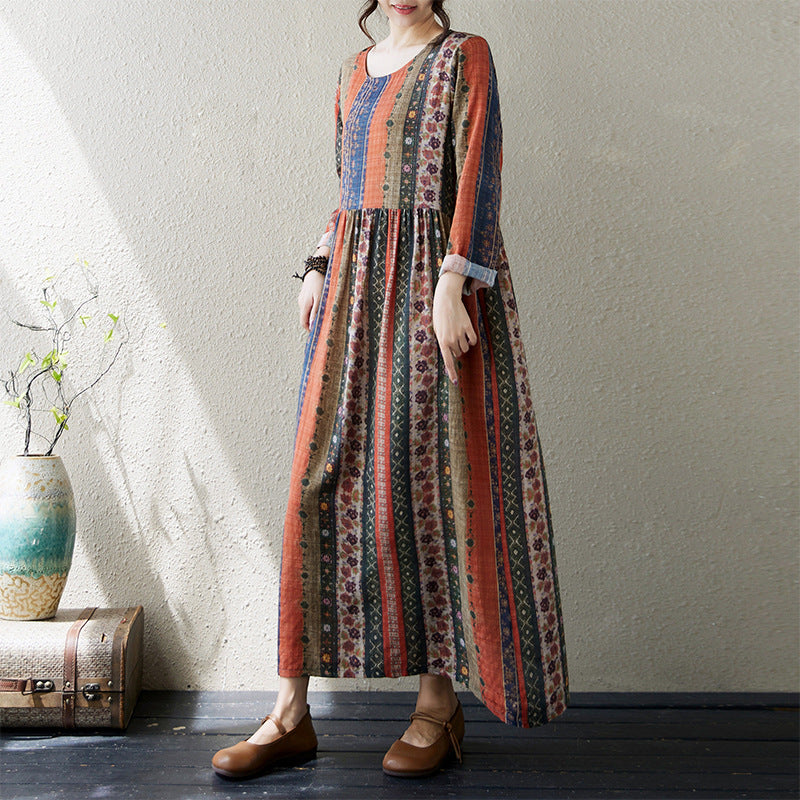 2025 Spring and Autumn Artistic Vintage Printed Loose Slimming plus size Women's Long Round Neck Long Sleeve dress Women