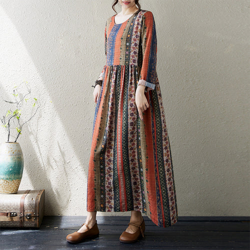 2025 Spring and Autumn Artistic Vintage Printed Loose Slimming plus size Women's Long Round Neck Long Sleeve dress Women
