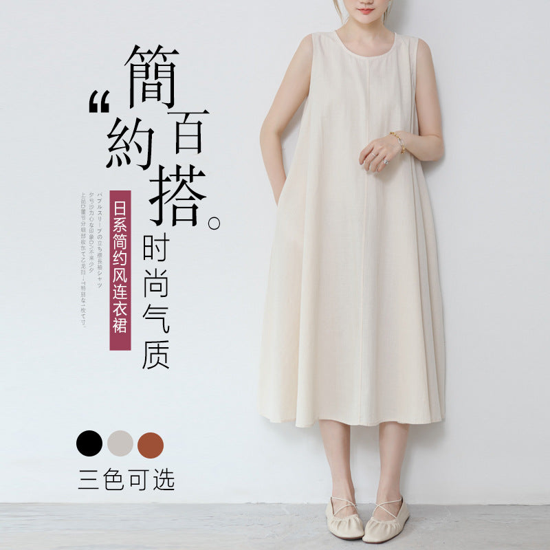 Real shot new in stock 2022 summer new 3 color sleeveless dress women's loose cotton linen dress