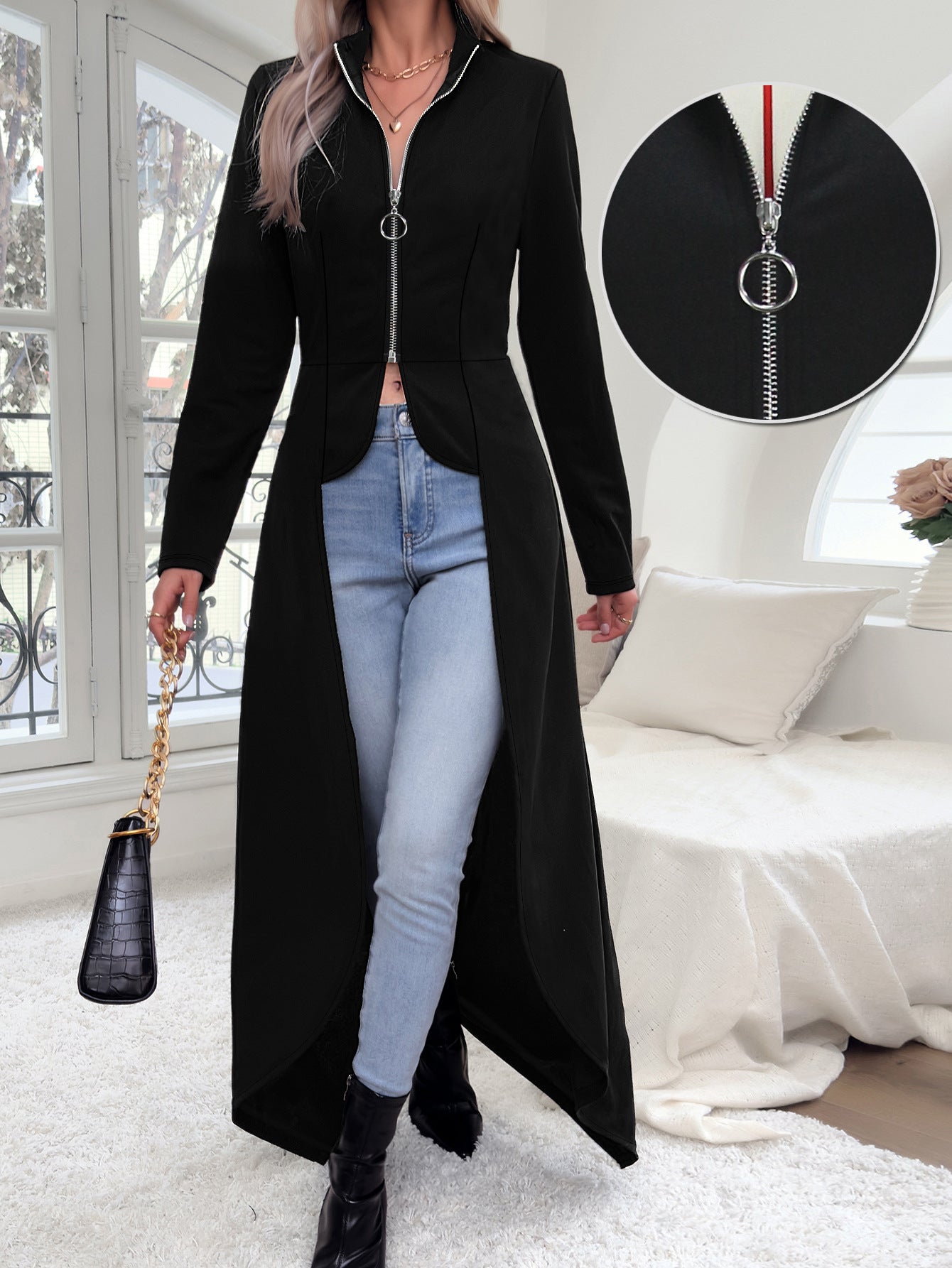 Cross-border Amazon Spring and Autumn Women's Zipper Placket Long Sleeve Front Short Back Long plus size dress