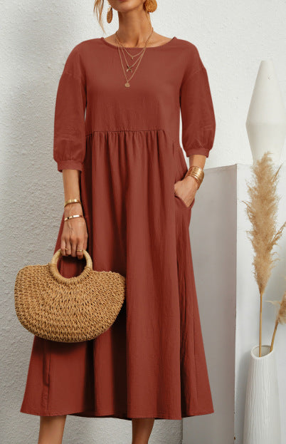2022 New Women's Casual Solid Color Fashion Lantern Sleeve Loose Cotton and Linen Pocket Dress Ready in Stock