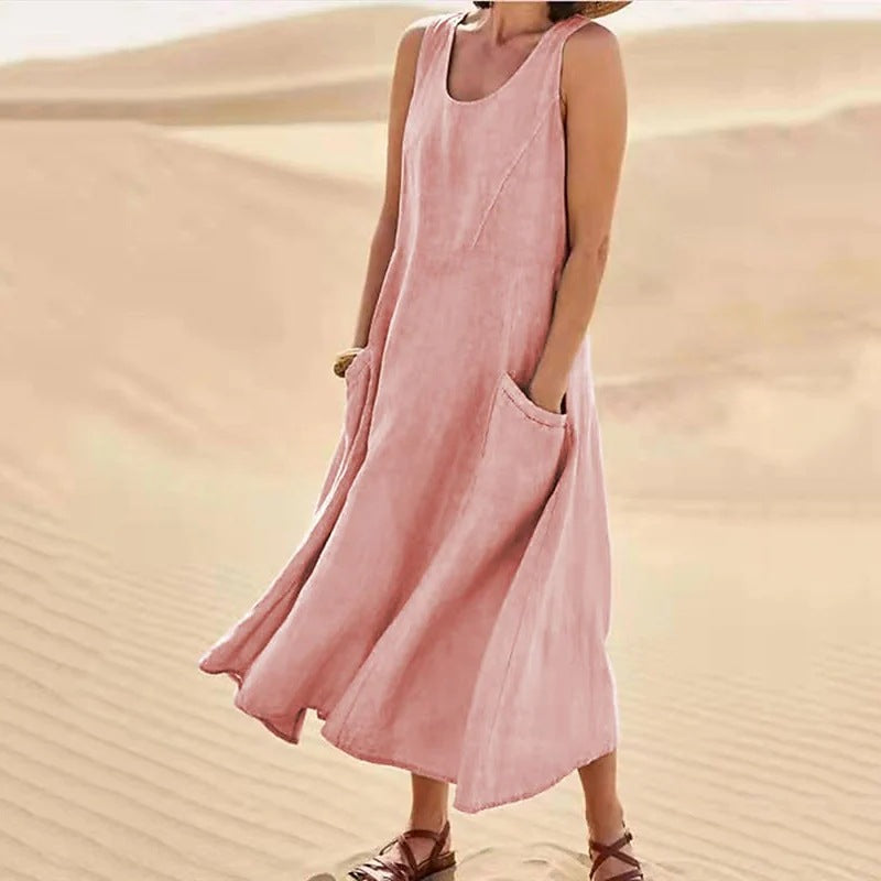New Product in Stock Wish Aliexpress Amazon Independent Station Sleeveless Plus Flap Pocket Pants Pure Color Cotton and Linen Midi Dress