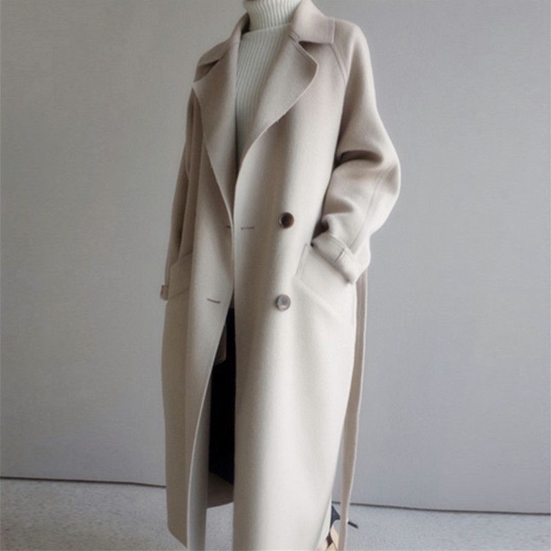Women's Woolen Coat 2026 Autumn and Winter New Korean Style Long Fashion Loose Over-The-Knee Waist-Cinching Belted Woolen Coat for Women