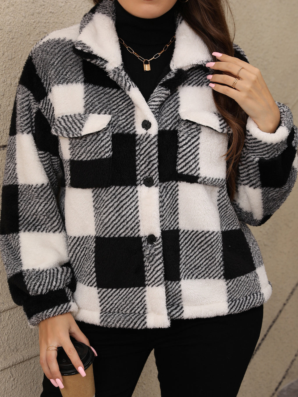 European and American Plus Size Women's Thickened Double-Sided Plush Plaid Single-Breasted Lapel Jacket
