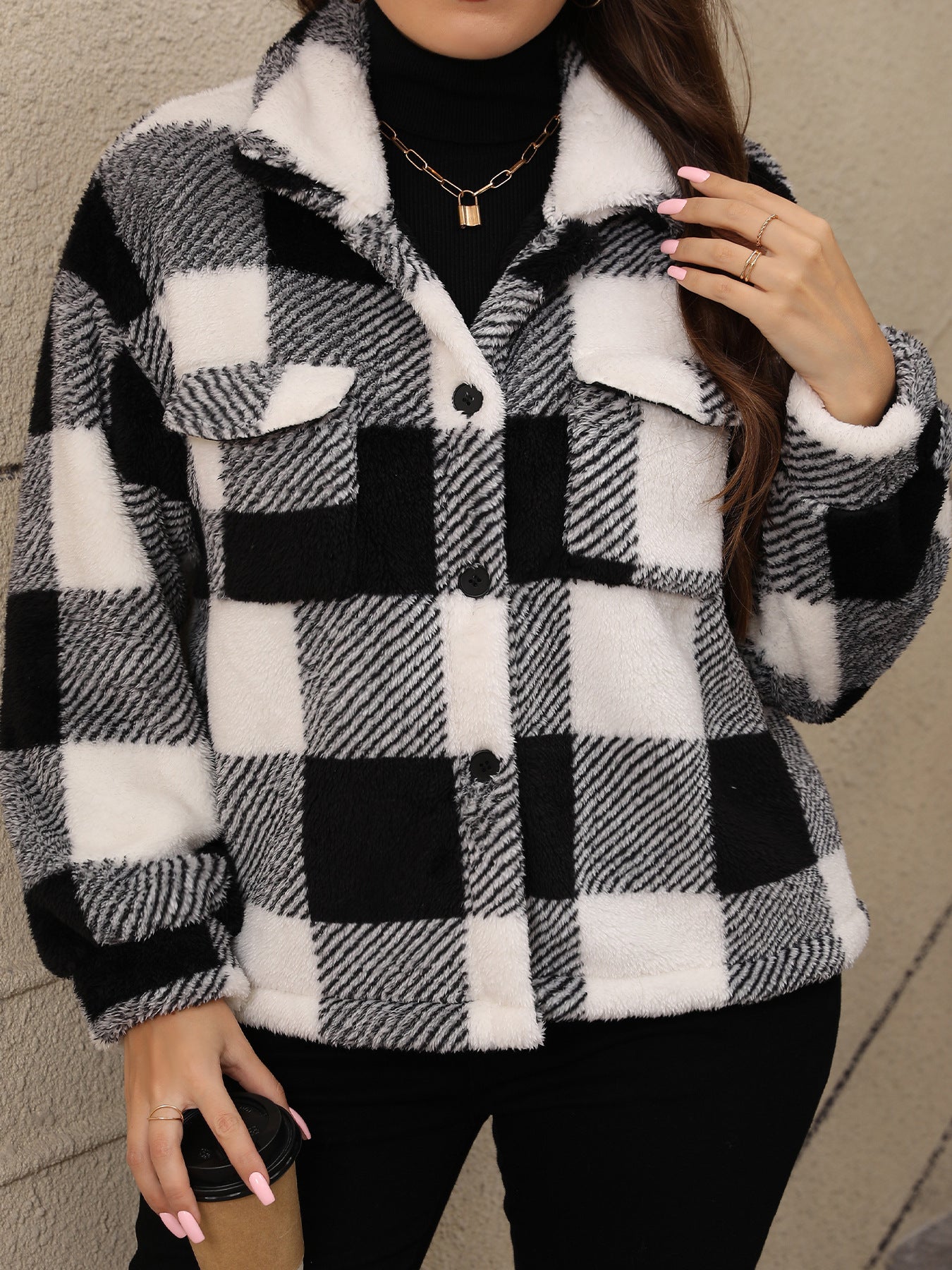 European and American Plus Size Women's Thickened Double-Sided Plush Plaid Single-Breasted Lapel Jacket