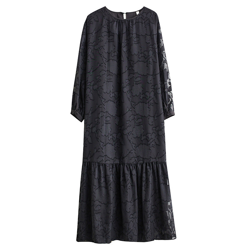 Plus-Size Women's Clothing 2026 Autumn Collection Loose Retro Jacquard Patchwork Lantern Sleeve Elegant Ruffled Double-Layer Dress