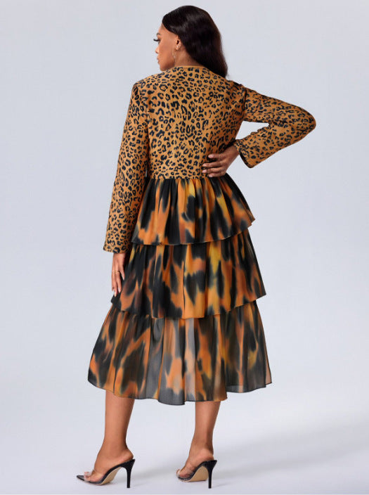 Cross-border Amazon European and American Spring and Autumn Women's Fashion Elegant Leopard Print Cake Skirt plus size Long Sleeve dress