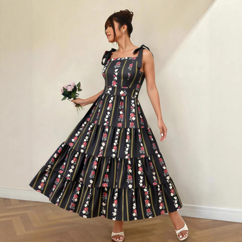 Temu Plus-Size European and American Cross-Border French Retro Summer Fashion Elegant Printed Dress with Waist-Cinching Design in Extra Large Size