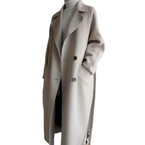 Women's Woolen Coat 2026 Autumn and Winter New Korean Style Long Fashion Loose Over-The-Knee Waist-Cinching Belted Woolen Coat for Women