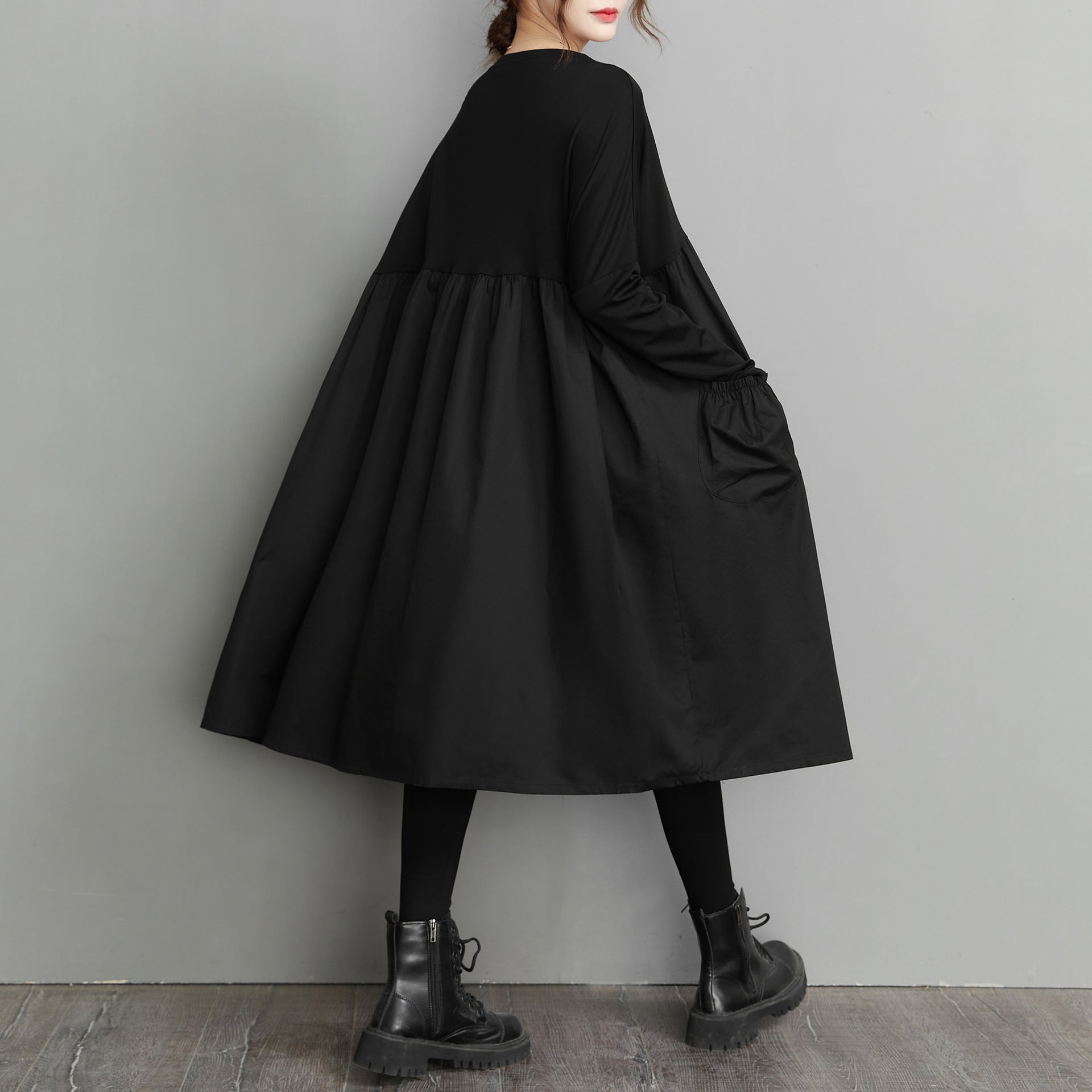 2023 Spring New Stitching High Waist Doll Black Loose Retro Large Size Women's Long Sleeve Dress