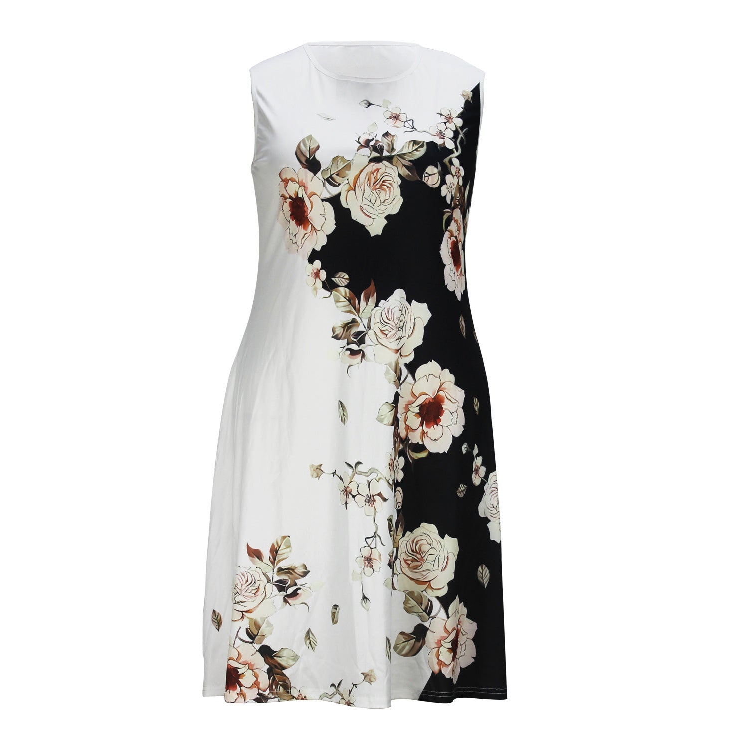 European and American Amazon Autumn and Winter Women's Vest dress Cardigan Two-piece Flower Print Crewneck Mid-length Dress suit