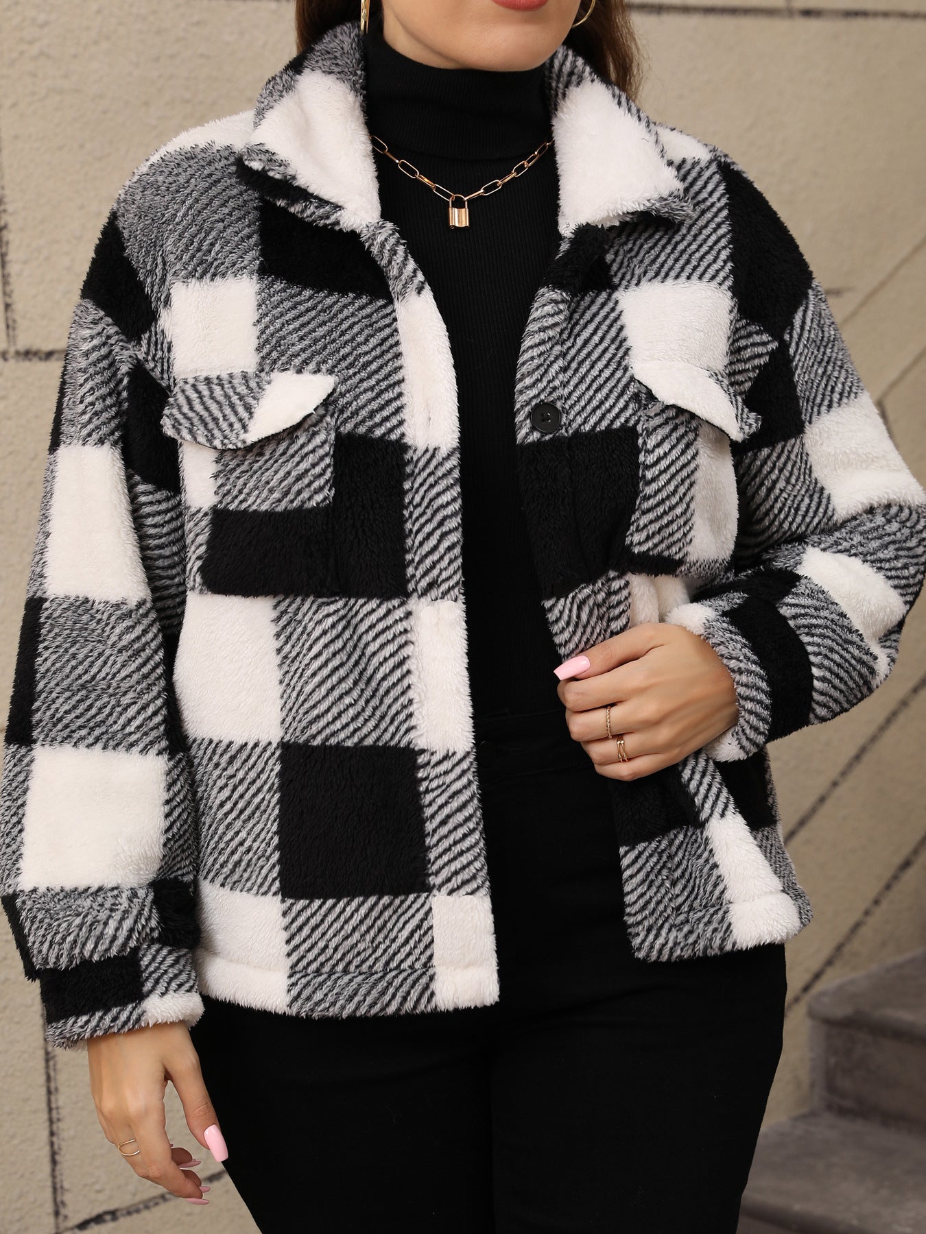 European and American Plus Size Women's Thickened Double-Sided Plush Plaid Single-Breasted Lapel Jacket