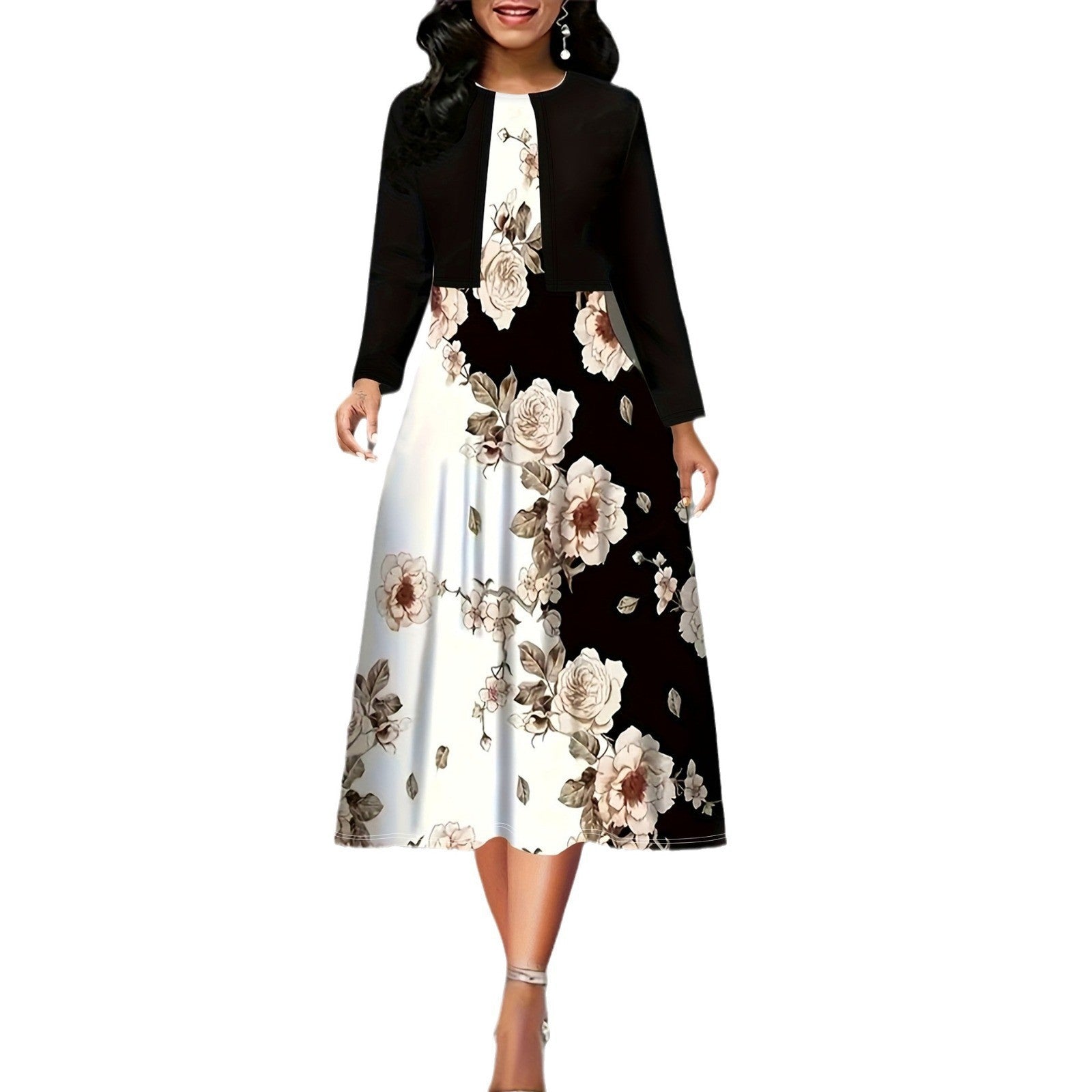 European and American Amazon Autumn and Winter Women's Vest dress Cardigan Two-piece Flower Print Crewneck Mid-length Dress suit