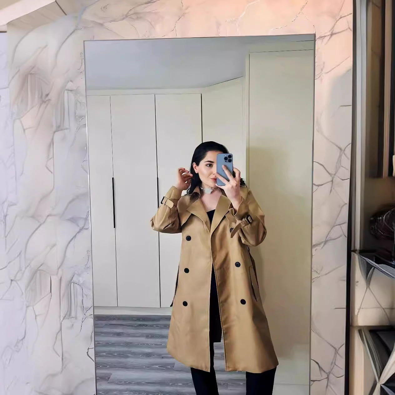 European and American Trenchcoat Women's Mid-length 2024 Autumn and Winter Korean-style British-style Over-the-Knee Coat Autumn and Winter Warm Coat Top
