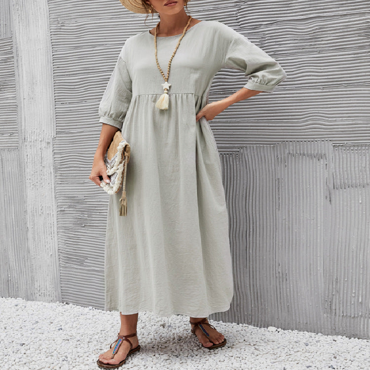 2022 New Women's Casual Solid Color Fashion Lantern Sleeve Loose Cotton and Linen Pocket Dress Ready in Stock