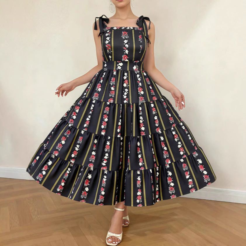 Temu Plus-Size European and American Cross-Border French Retro Summer Fashion Elegant Printed Dress with Waist-Cinching Design in Extra Large Size