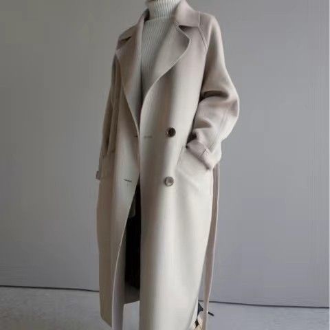 Women's Woolen Coat 2026 Autumn and Winter New Korean Style Long Fashion Loose Over-The-Knee Waist-Cinching Belted Woolen Coat for Women