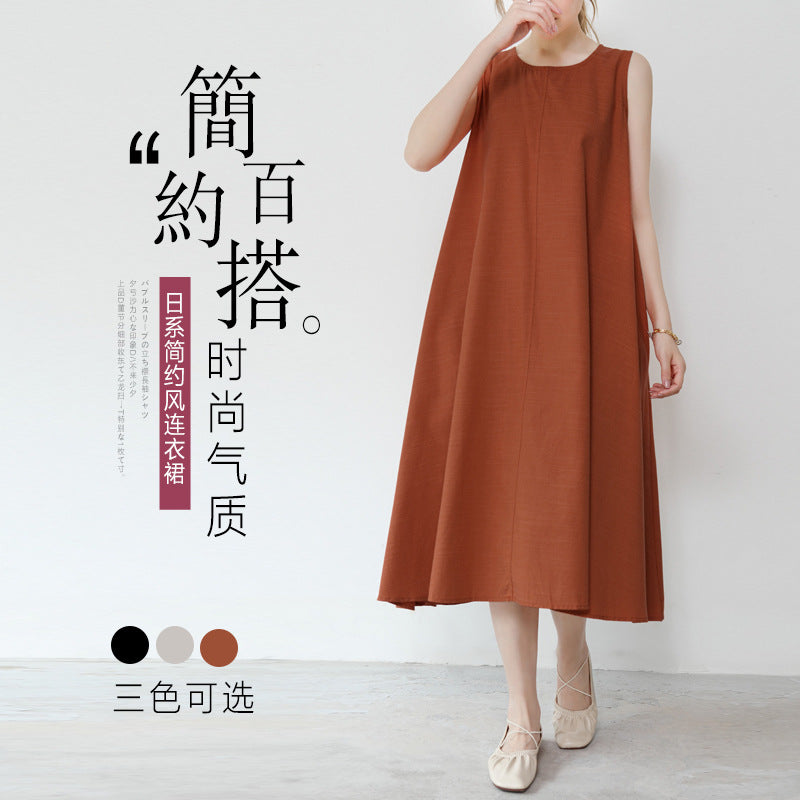 Real shot new in stock 2022 summer new 3 color sleeveless dress women's loose cotton linen dress
