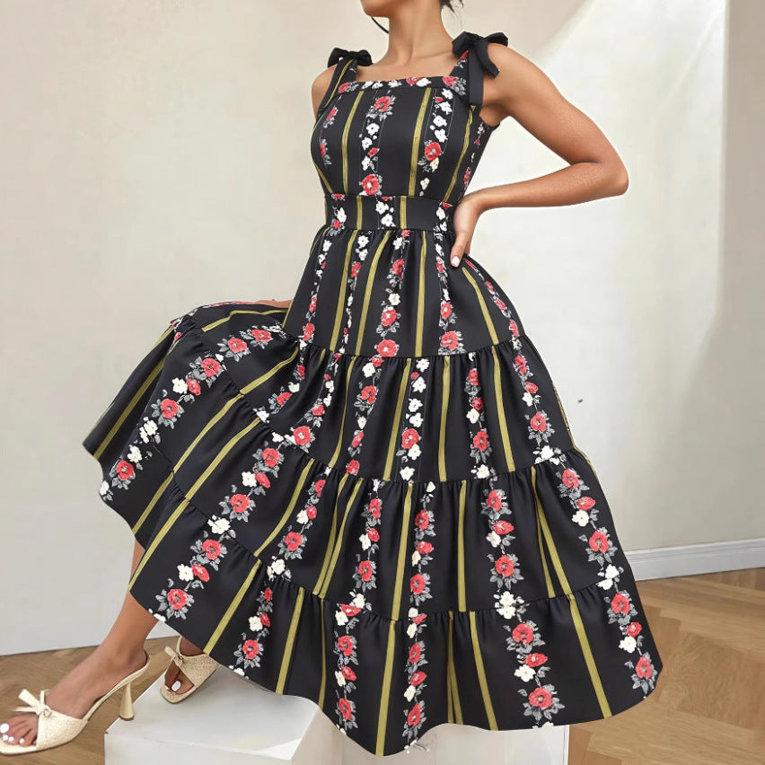 Temu Plus-Size European and American Cross-Border French Retro Summer Fashion Elegant Printed Dress with Waist-Cinching Design in Extra Large Size