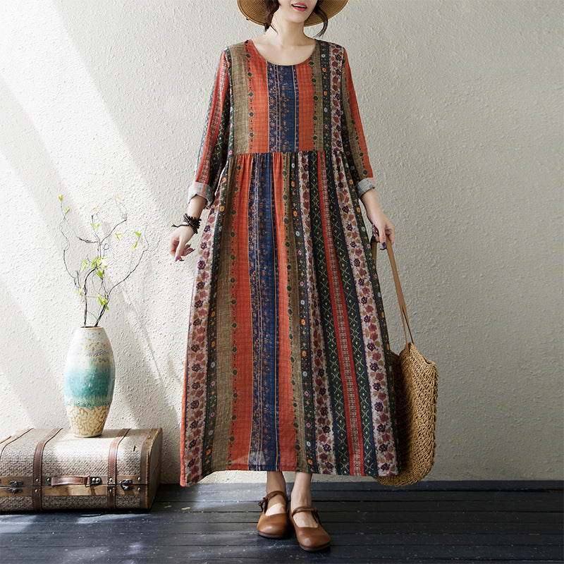 2025 Spring and Autumn Artistic Vintage Printed Loose Slimming plus size Women's Long Round Neck Long Sleeve dress Women