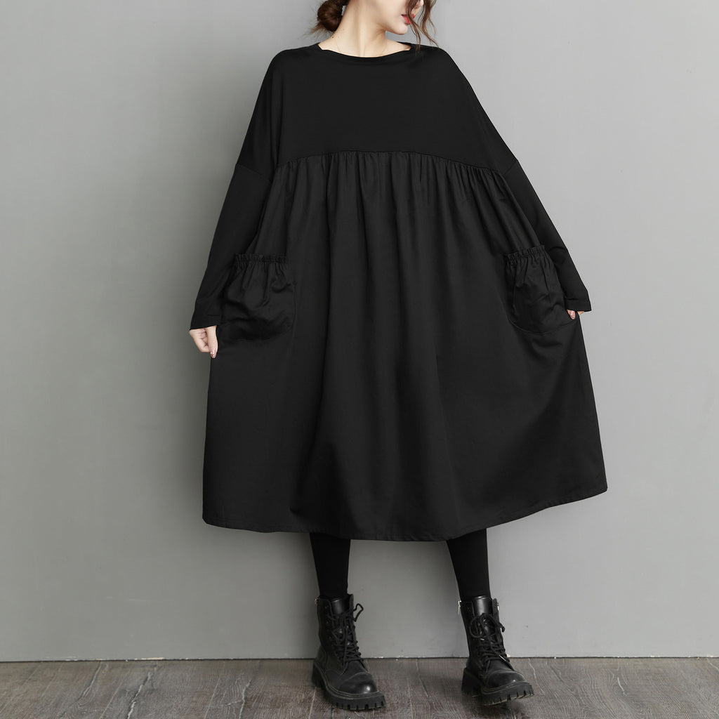 2023 Spring New Stitching High Waist Doll Black Loose Retro Large Size Women's Long Sleeve Dress
