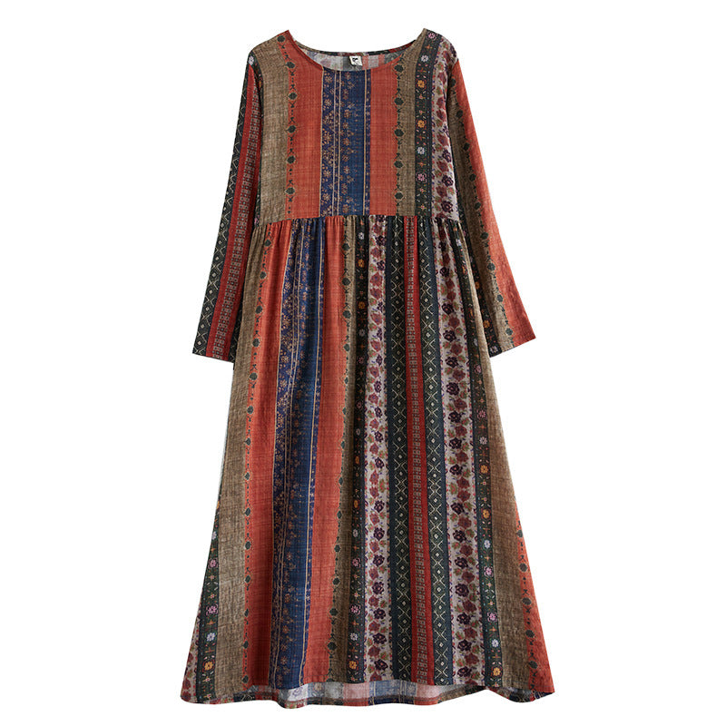 2025 Spring and Autumn Artistic Vintage Printed Loose Slimming plus size Women's Long Round Neck Long Sleeve dress Women