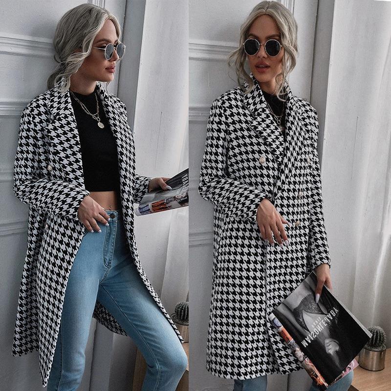 2023 Autumn and Winter Cross-Border Women's Clothing New Amazon European and American Export Fashion Houndstooth Printed Long Woolen Outwear