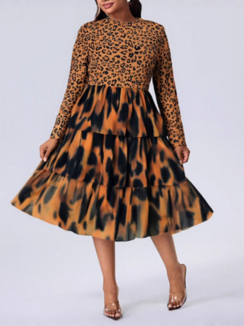 Cross-border Amazon European and American Spring and Autumn Women's Fashion Elegant Leopard Print Cake Skirt plus size Long Sleeve dress
