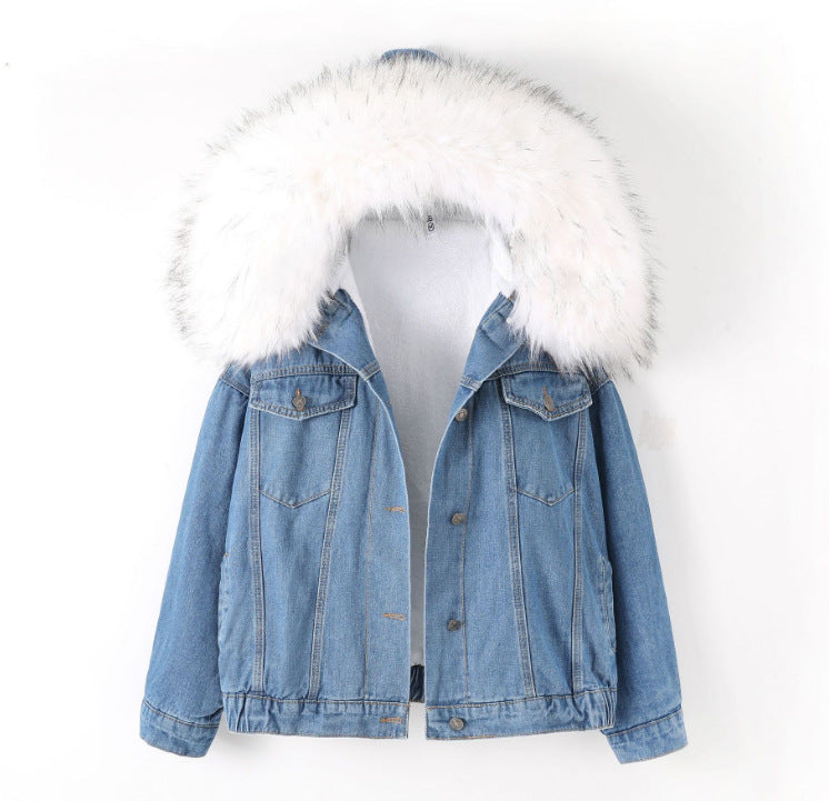 2026 Autumn/Winter New Korean Style Fleece-Lined Thick Harajuku Lamb Wool Denim Jacket for Women with Large Fur Collar Versatile Cotton Coat