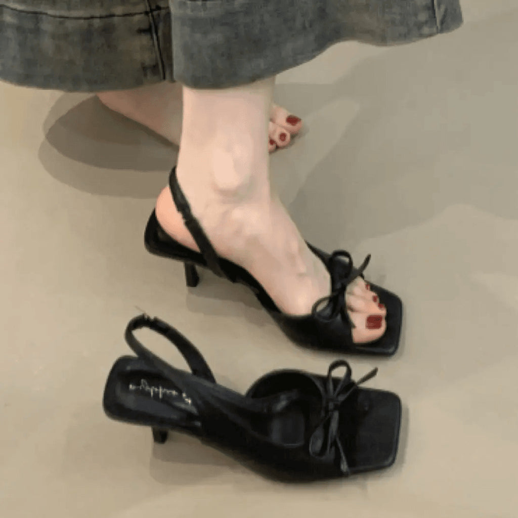 Ready Stock, Dropshipping Available~ Gentle Fairy High Heels, French Style, Water Bow, Open-Toe, Stiletto Heel, Backless Sandals
