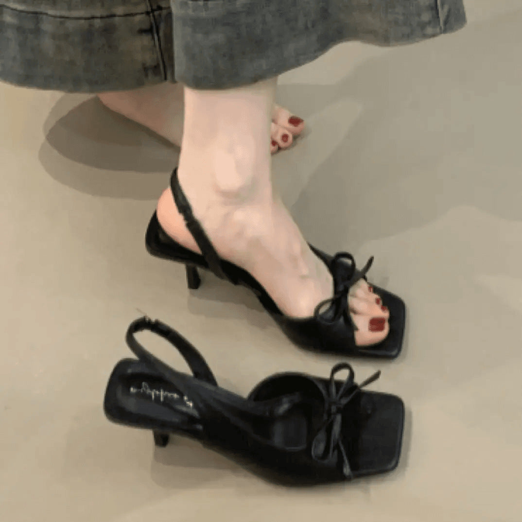 Ready Stock, Dropshipping Available~ Gentle Fairy High Heels, French Style, Water Bow, Open-Toe, Stiletto Heel, Backless Sandals