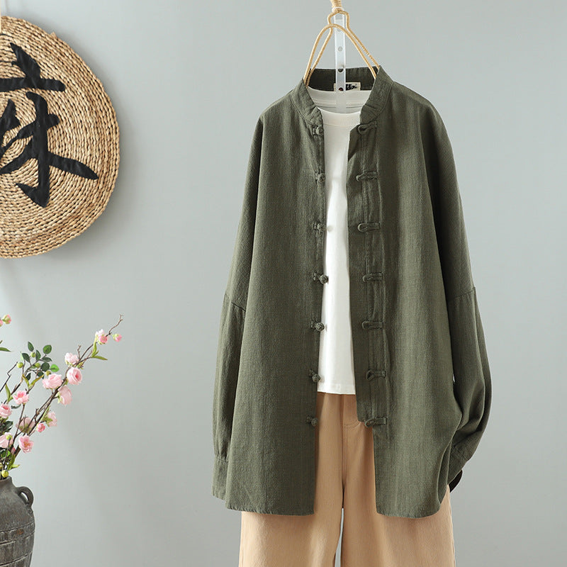 Real pictures 2025 new Chinese style design retro buckle chic cotton and linen tea clothing niche women's national style long sleeve coat