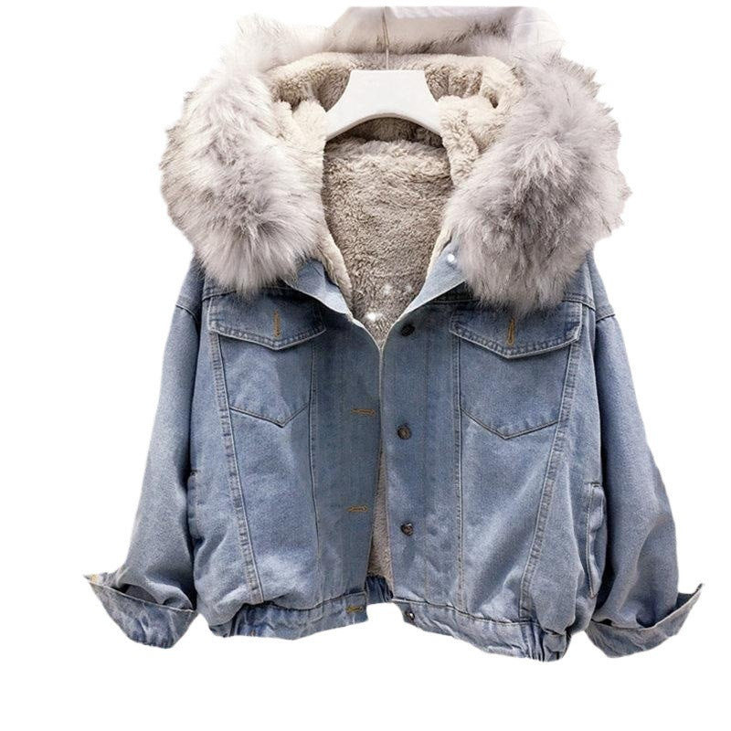 2026 Autumn/Winter New Korean Style Fleece-Lined Thick Harajuku Lamb Wool Denim Jacket for Women with Large Fur Collar Versatile Cotton Coat