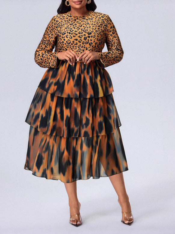 Cross-border Amazon European and American Spring and Autumn Women's Fashion Elegant Leopard Print Cake Skirt plus size Long Sleeve dress