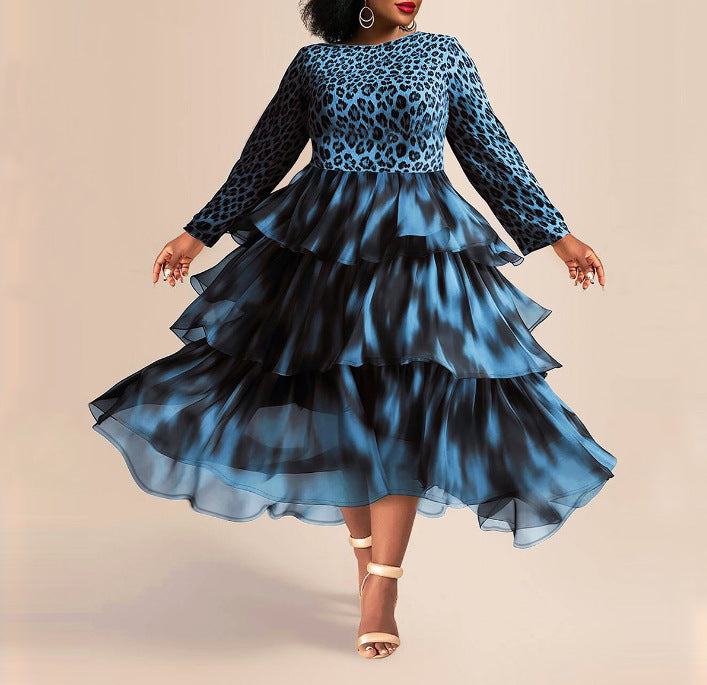 Cross-border Amazon European and American Spring and Autumn Women's Fashion Elegant Leopard Print Cake Skirt plus size Long Sleeve dress