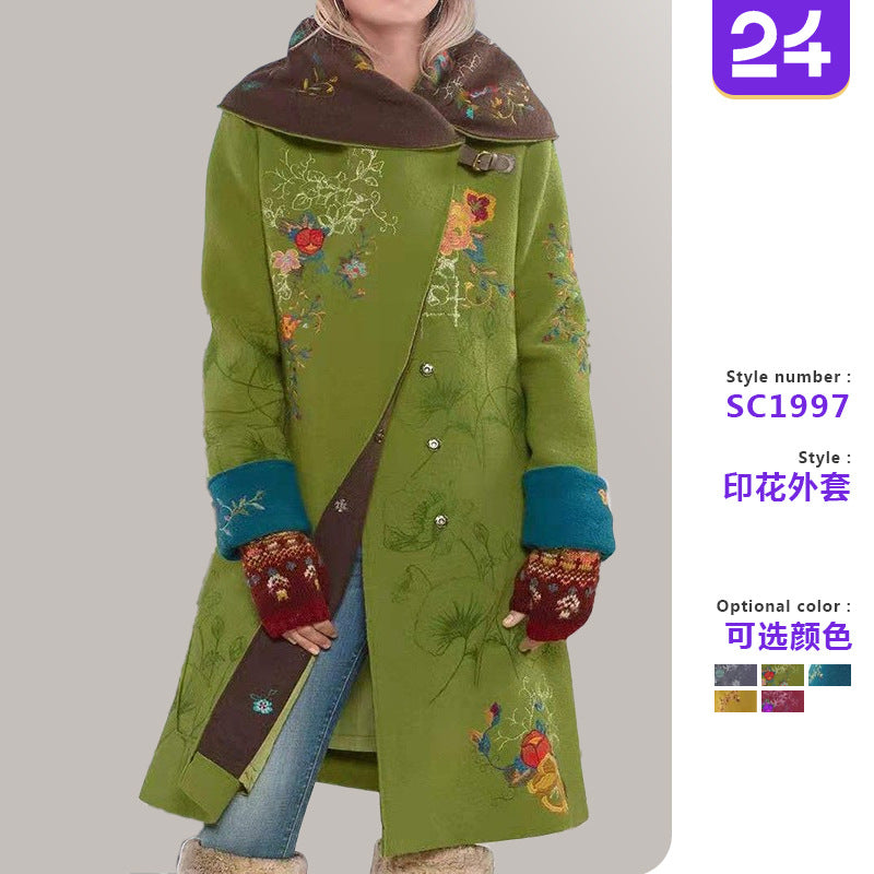2025 Autumn and Winter New European and American Cross-Border Export Women's Clothing Amazon Mid-Length Printed Top Long-Sleeved Woolen Jacket