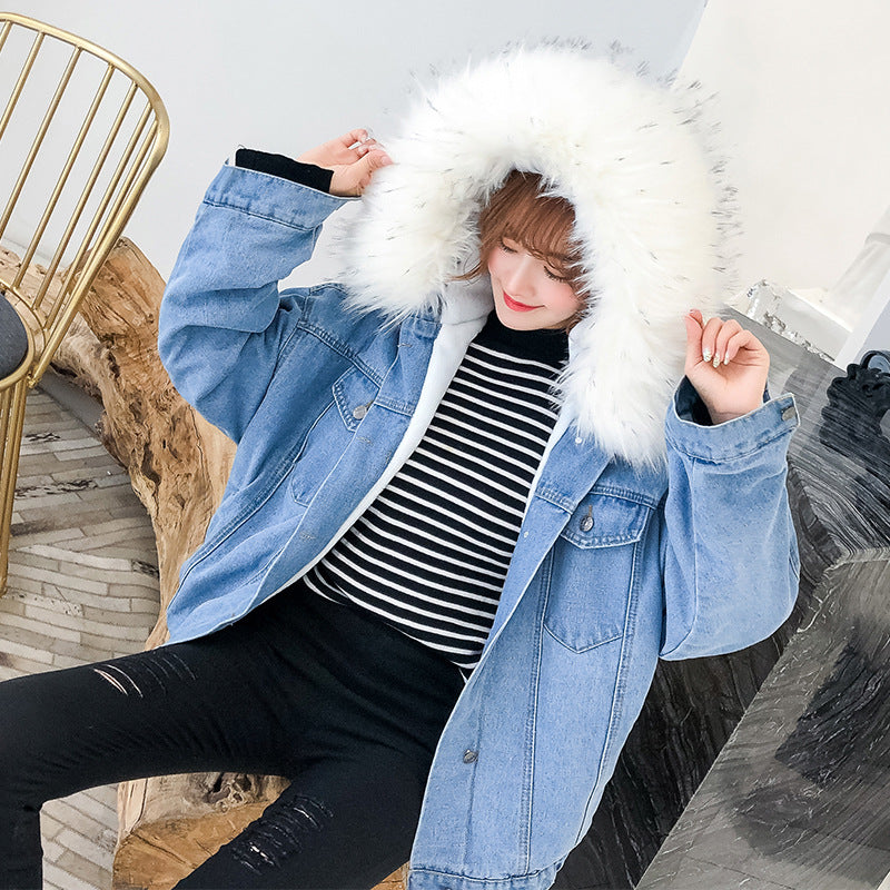 2026 Autumn/Winter New Korean Style Fleece-Lined Thick Harajuku Lamb Wool Denim Jacket for Women with Large Fur Collar Versatile Cotton Coat