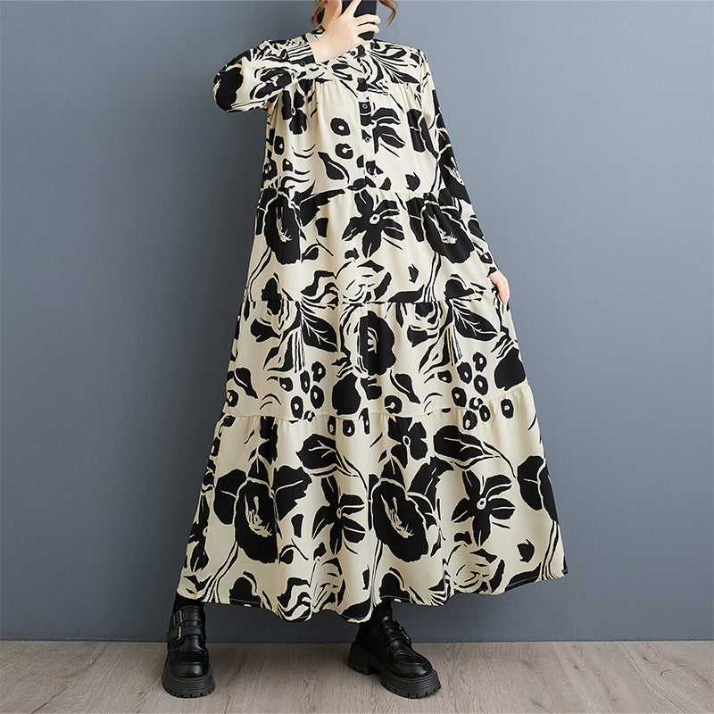 2025 Spring and Autumn New Loose plus size Women's Crewneck Long Sleeve Loose Large Swing Artistic Retro Foreign Trade dress