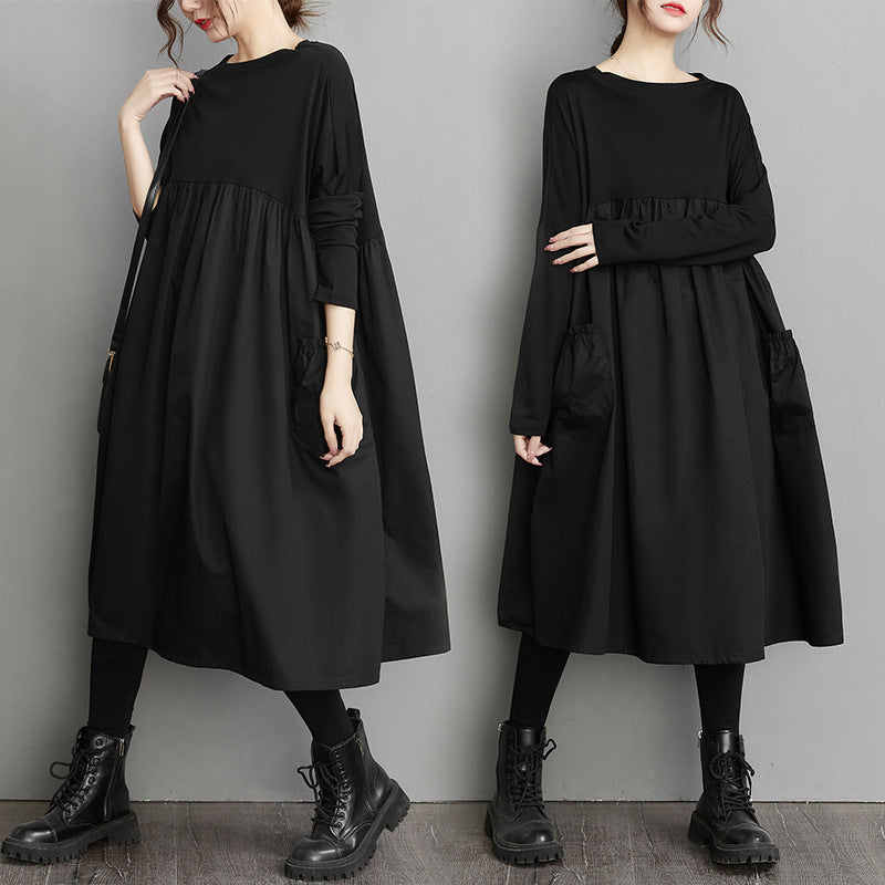 2023 Spring New Stitching High Waist Doll Black Loose Retro Large Size Women's Long Sleeve Dress