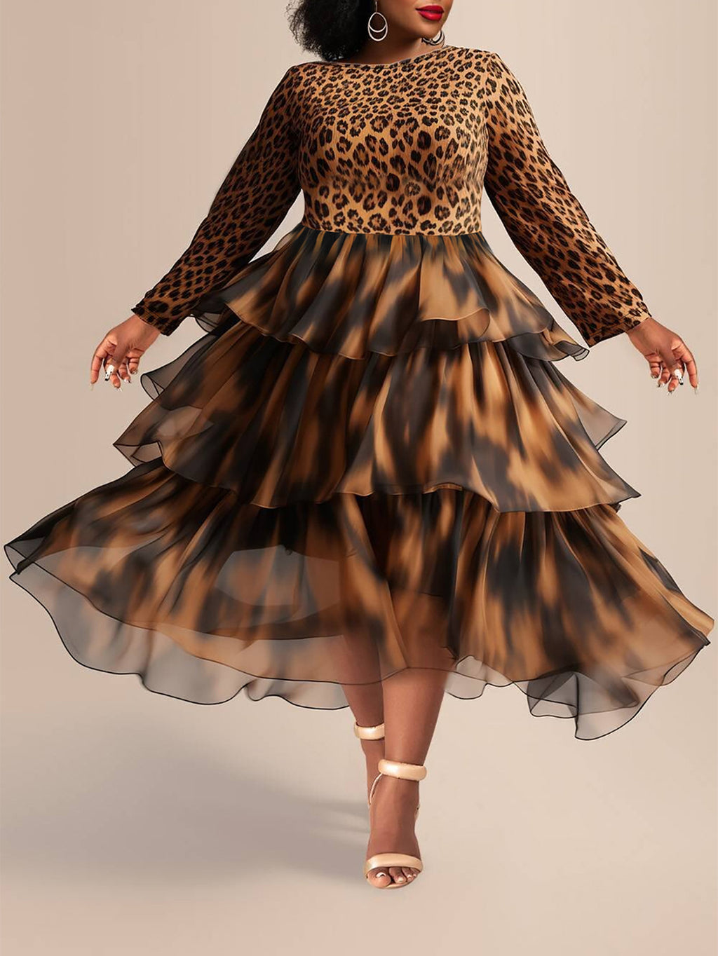 Cross-border Amazon European and American Spring and Autumn Women's Fashion Elegant Leopard Print Cake Skirt plus size Long Sleeve dress