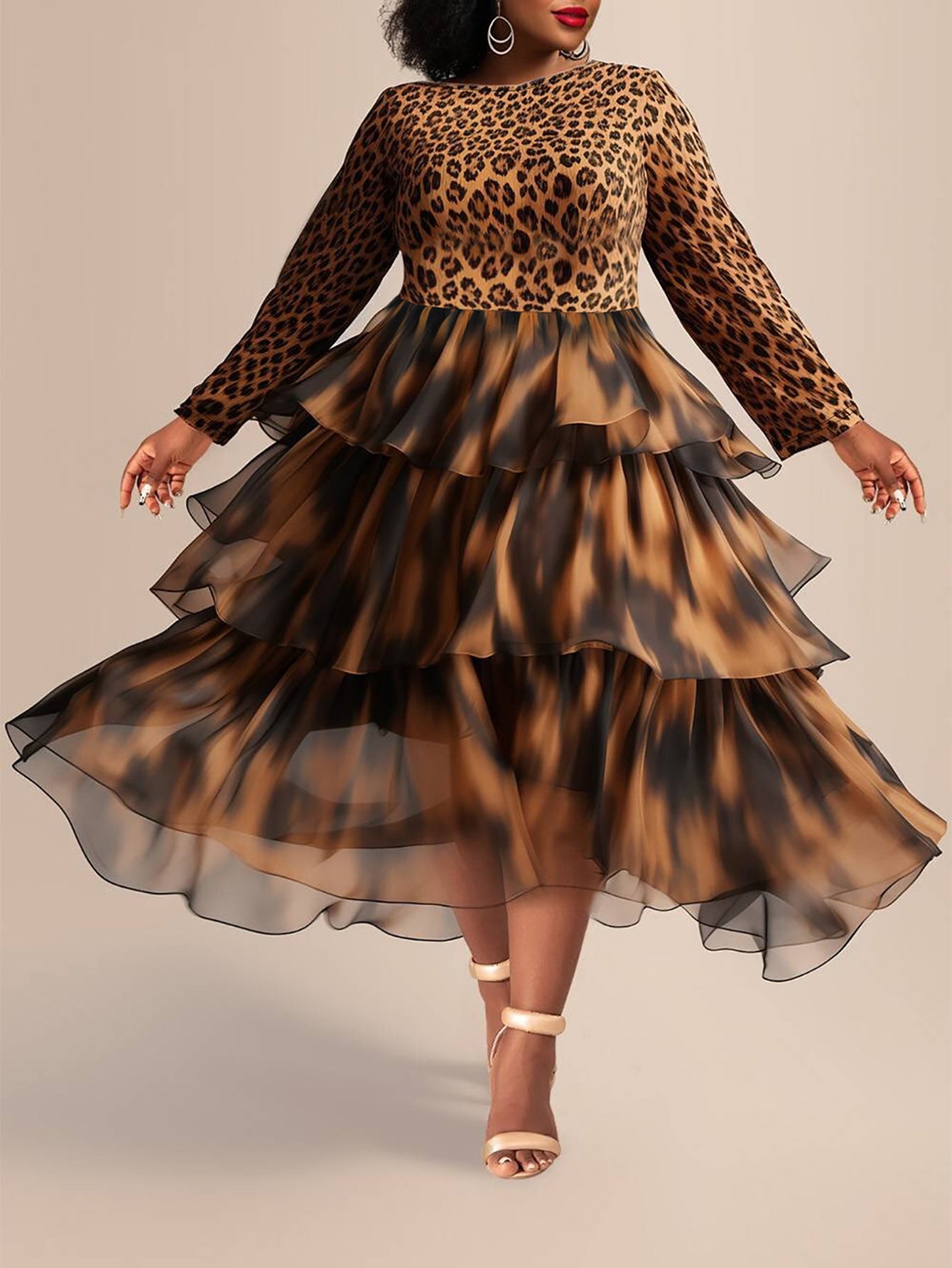 Cross-border Amazon European and American Spring and Autumn Women's Fashion Elegant Leopard Print Cake Skirt plus size Long Sleeve dress
