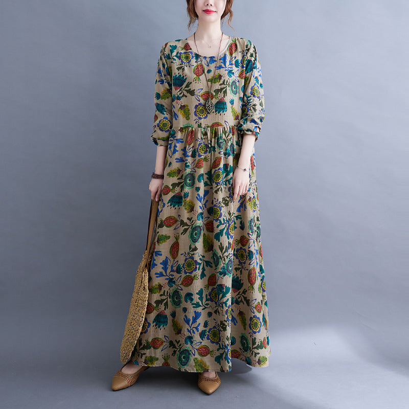 Autumn New printed dress plus size women's long sleeve round neck long A- line