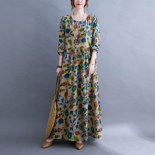 Autumn New printed dress plus size women's long sleeve round neck long A- line