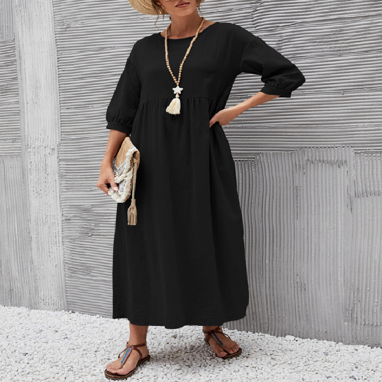 2022 New Women's Casual Solid Color Fashion Lantern Sleeve Loose Cotton and Linen Pocket Dress Ready in Stock